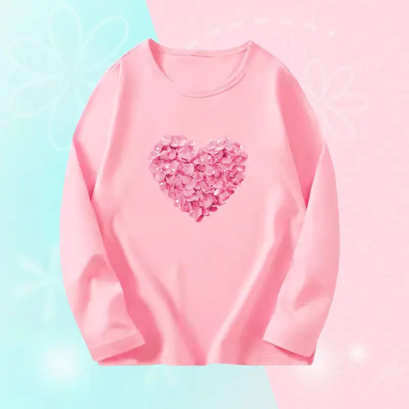 Little Girl's Pink Long Sleeve T-Shirts Autumn Cute Flower Heart Graphic Tee Tops Kids Sweet Little Girl Clothing