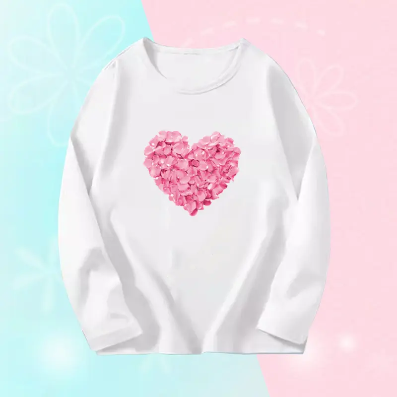 Little Girl's Pink Long Sleeve T-Shirts Autumn Cute Flower Heart Graphic Tee Tops Kids Sweet Little Girl Clothing