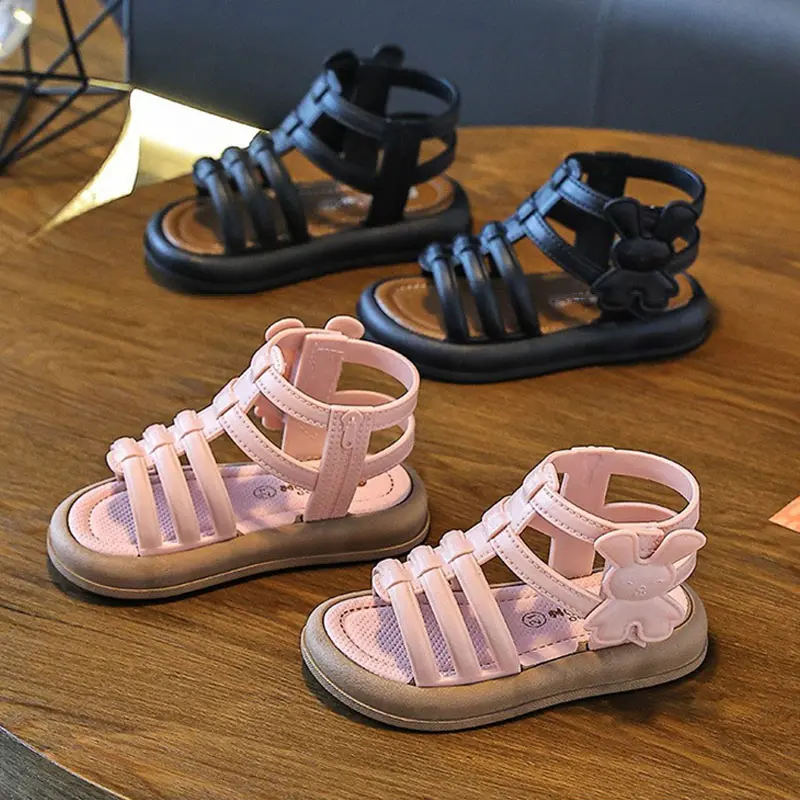 2025 New Children Sandals Girls Kids Roman Sandal Summer Soft Flat Heels High-top Beach Princess Fashion Cartoon Shoes Side Zip