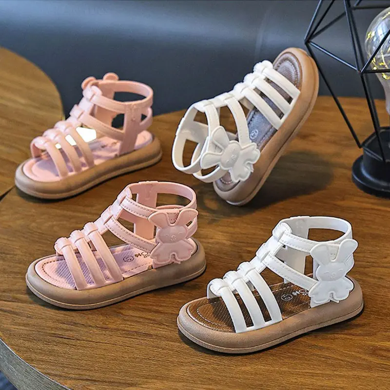2025 New Children Sandals Girls Kids Roman Sandal Summer Soft Flat Heels High-top Beach Princess Fashion Cartoon Shoes Side Zip