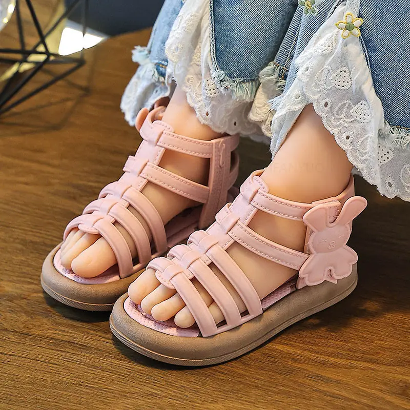 2025 New Children Sandals Girls Kids Roman Sandal Summer Soft Flat Heels High-top Beach Princess Fashion Cartoon Shoes Side Zip