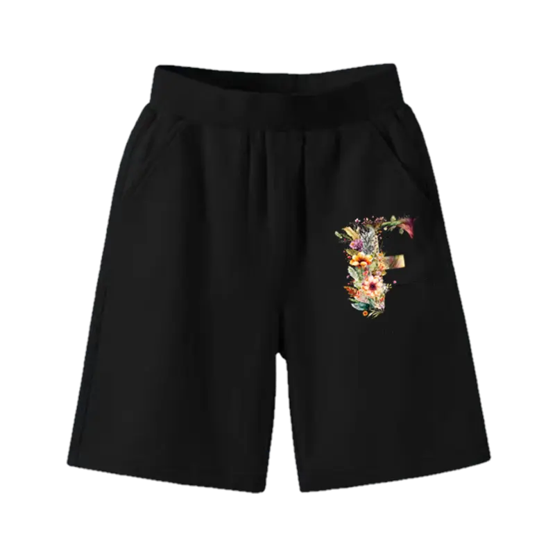 Summer Girls Black Floral Print Shorts Alphabet A-Z Half Pants Cute Sport Five-point E Letter 26 Student Fashion