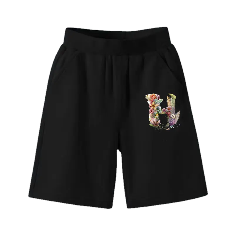 Summer Girls Black Floral Print Shorts Alphabet A-Z Half Pants Cute Sport Five-point E Letter 26 Student Fashion