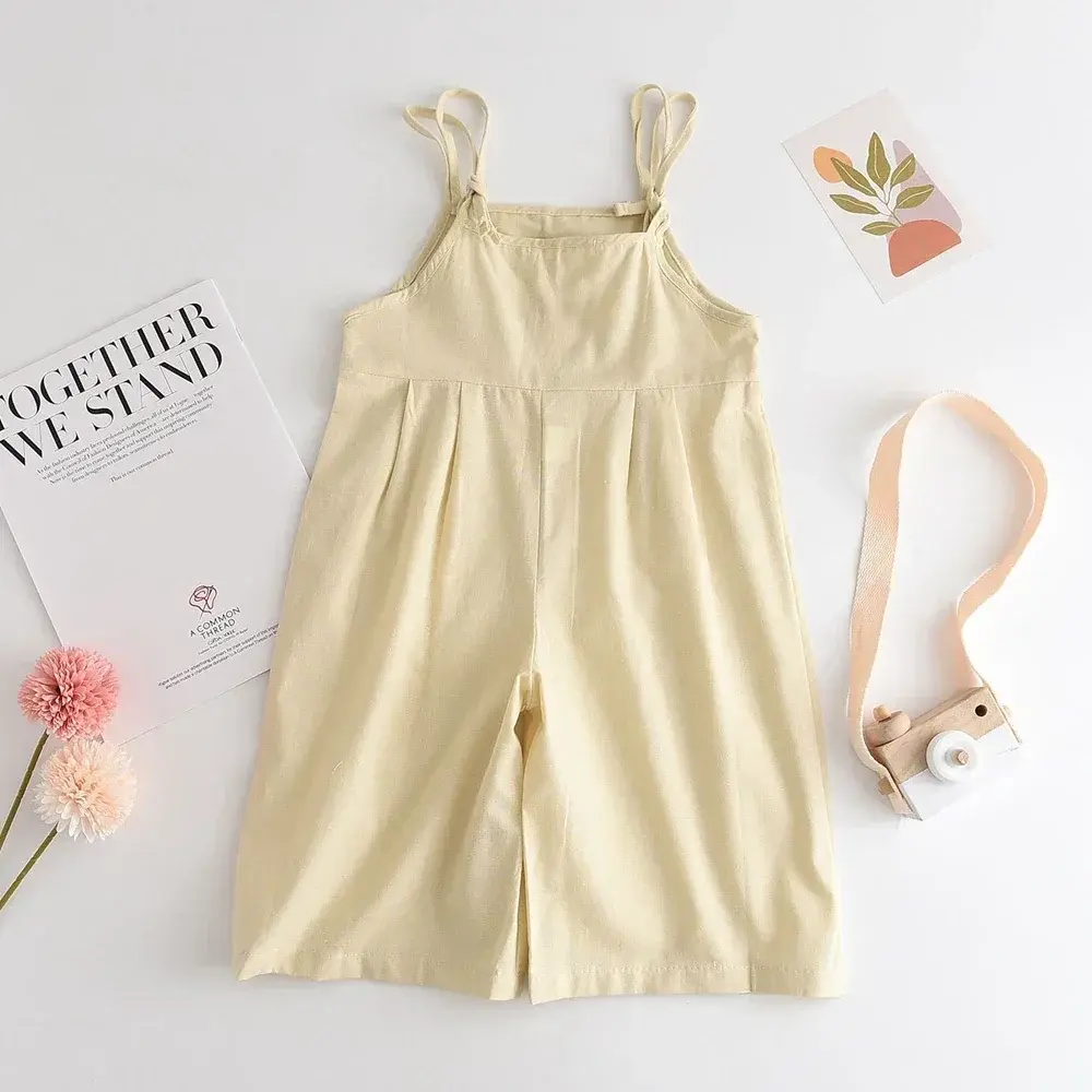 2 To 6 Years Old Girls Casual Clothes Beige Camisole Embroidered Jumpsuit Korean Version Cute Children's Work Pants Daily Wear