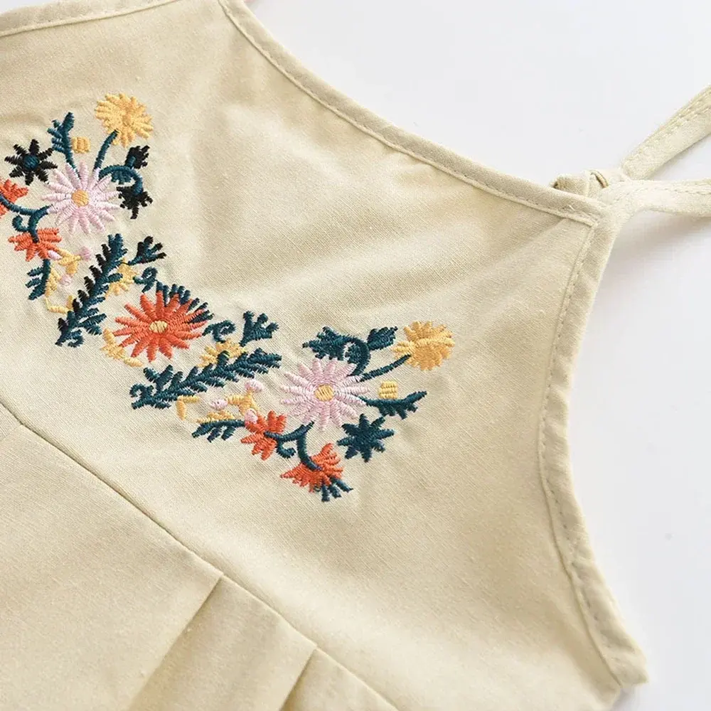 2 To 6 Years Old Girls Casual Clothes Beige Camisole Embroidered Jumpsuit Korean Version Cute Children's Work Pants Daily Wear