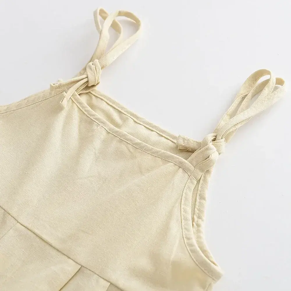 2 To 6 Years Old Girls Casual Clothes Beige Camisole Embroidered Jumpsuit Korean Version Cute Children's Work Pants Daily Wear