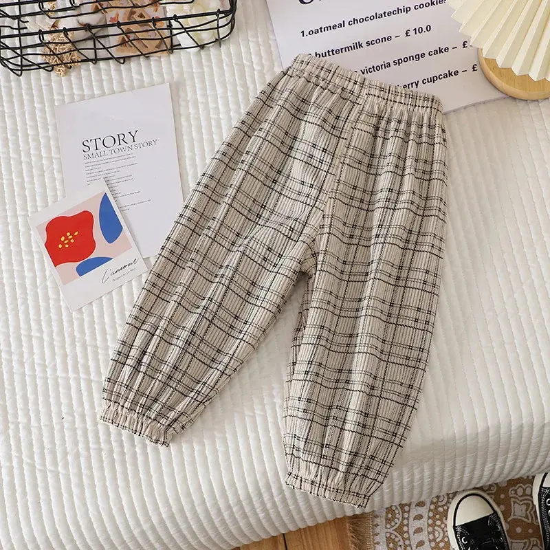 Spring Autumn Loose Boys Girls Pants Casual Plaid Pants For Children Elastic-Waist Long Pant Trousers Toddler Sweatpants 1-6Y