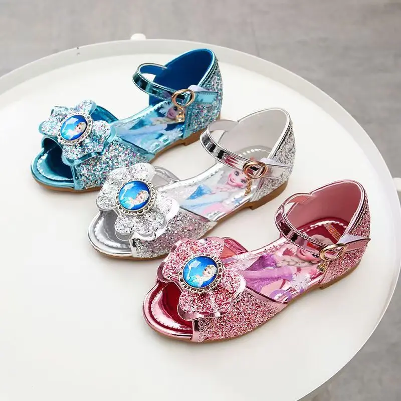 Disney Frozen Princess Elsa Cartoon Soft Sole Sandals Baby Girl Princess Shoes Crystal Shoes Children Flat Girl Crystal Shoes
