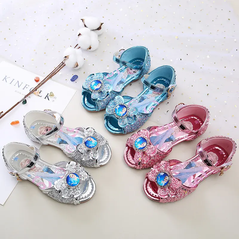 Disney Frozen Princess Elsa Cartoon Soft Sole Sandals Baby Girl Princess Shoes Crystal Shoes Children Flat Girl Crystal Shoes