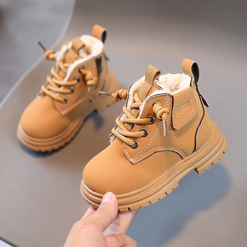 New Children's Fashion Boots Winter Thickened Boys Girls' Anti Slip Warm Leather Boots Side Zipper Solid Color Kids Casual Shoes