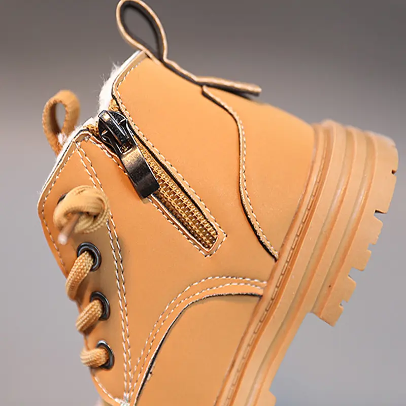 New Children's Fashion Boots Winter Thickened Boys Girls' Anti Slip Warm Leather Boots Side Zipper Solid Color Kids Casual Shoes