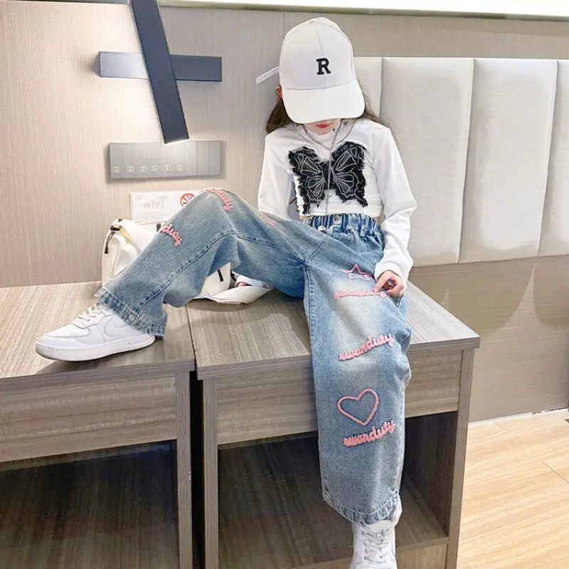 Heart Star Design Girls Wide Leg Pants - 2024 Kids Fashion Casual Loose School Jeans, Korean Style Long Trousers