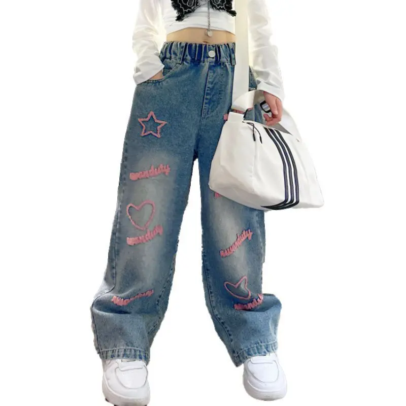 Heart Star Design Girls Wide Leg Pants - 2024 Kids Fashion Casual Loose School Jeans, Korean Style Long Trousers