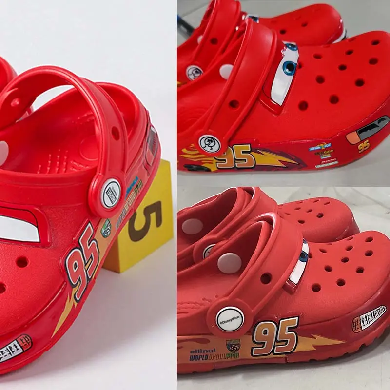 Disney Lightning Mcqueen Slippers With LED Light Outdoor Sandals Casual Breathable For Boys Girls Adult Non-Slip Beach Shoes