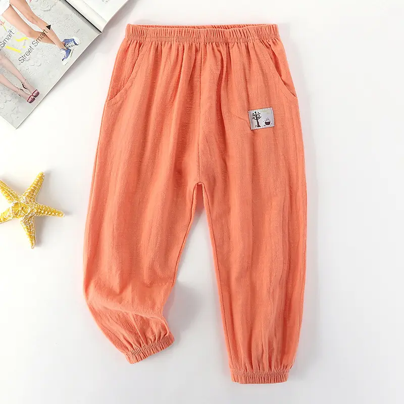 Children Trousers Boys Girls Cotton Linen Elastic Waist Solid Color Summer Mosquito Kids Clothing Long Pants