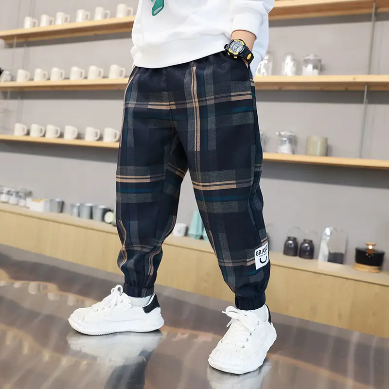 Boys Casual Plaid Pants Spring Autumn Girls Drawstring Kids Trend Trousers Fashion Teen Sport Thin Pants 4-12 Years