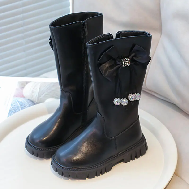 Fashion Tassels Plastic Ball Decoration Knee Boots Round Toe Side Zip Boots Girl 2025 Autumn Thick Bottom Non Slip Booties Child