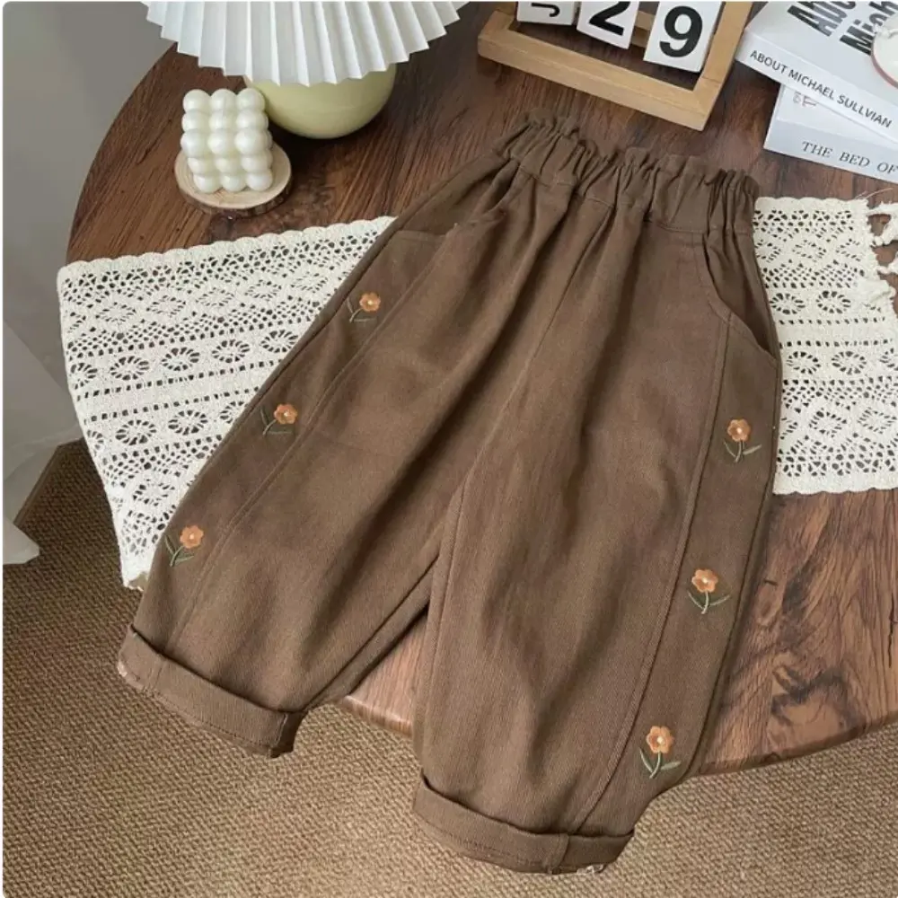 5396-1 Children Pants 2025 Spring and Autumn Girls' Casual Pants Flower Embroidery Fashion Trousers