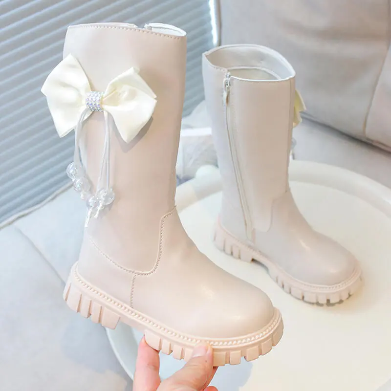 Fashion Tassels Plastic Ball Decoration Knee Boots Round Toe Side Zip Boots Girl 2025 Autumn Thick Bottom Non Slip Booties Child