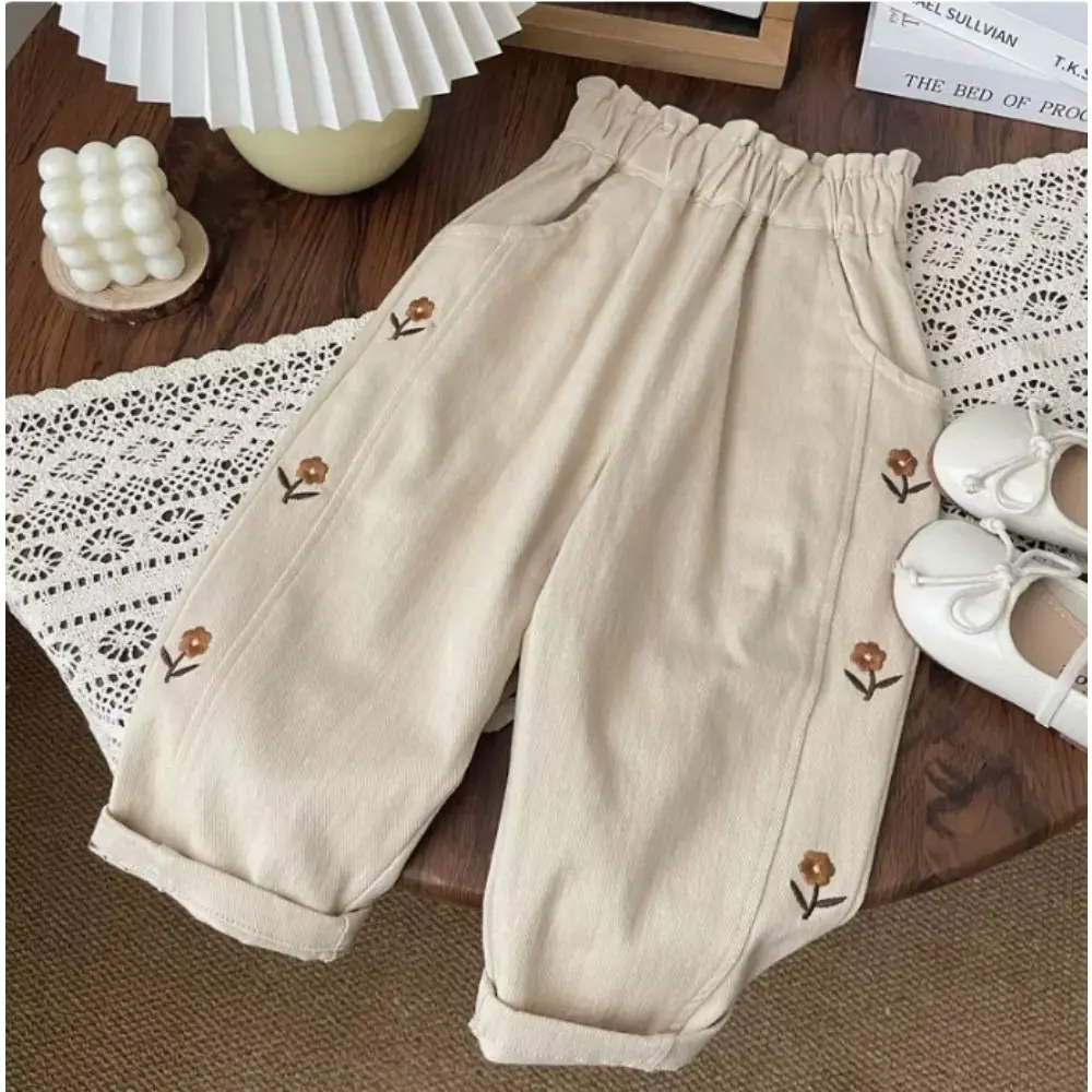 5396-1 Children Pants 2025 Spring and Autumn Girls' Casual Pants Flower Embroidery Fashion Trousers