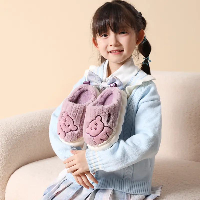 Children's Plush Bear Slippers Cozy Warm Indoor Home Shoes Soft Fabric Lining For Winter Comfort Indoor Slippers