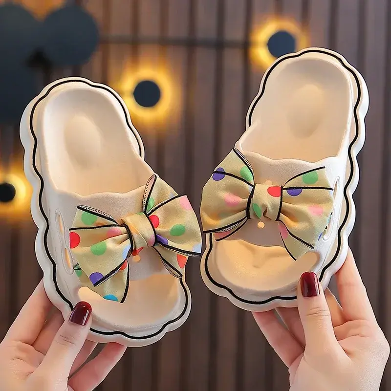 Children Slippers Girls Wearing Soft Soled Slippers Outside Cute Bow Anti Slip Bathroom Slipper Contrast Color Kid Slipper