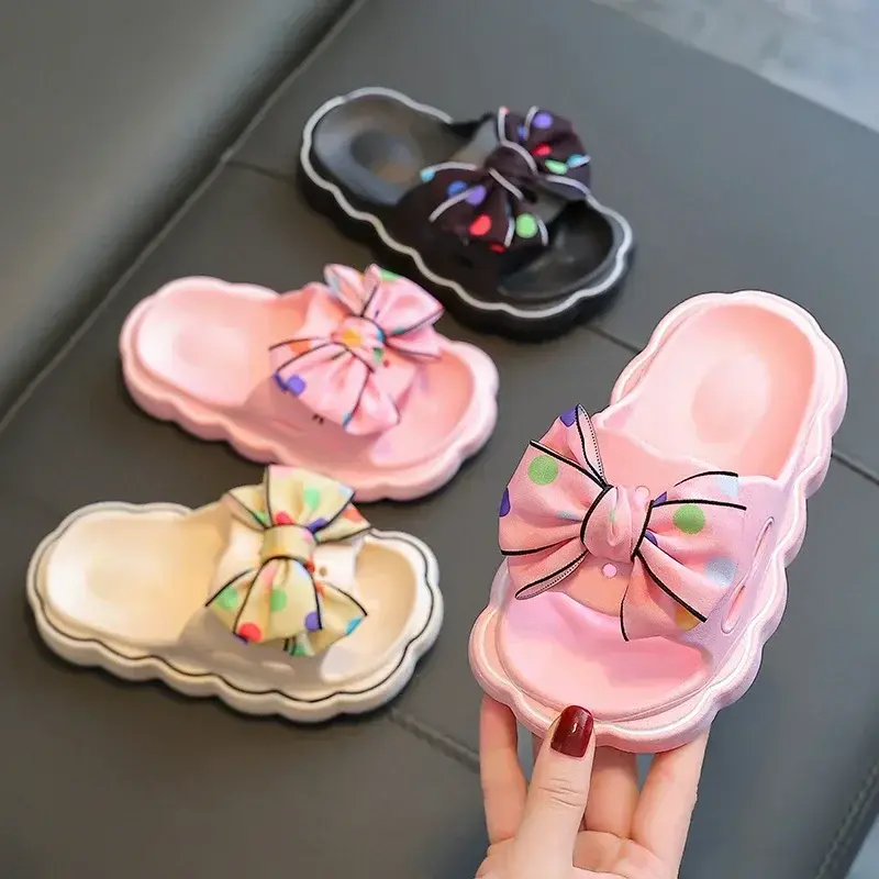 Children Slippers Girls Wearing Soft Soled Slippers Outside Cute Bow Anti Slip Bathroom Slipper Contrast Color Kid Slipper