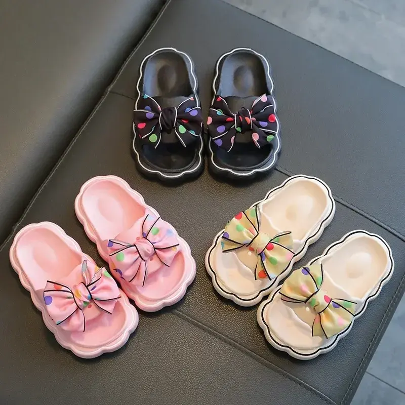 Children Slippers Girls Wearing Soft Soled Slippers Outside Cute Bow Anti Slip Bathroom Slipper Contrast Color Kid Slipper