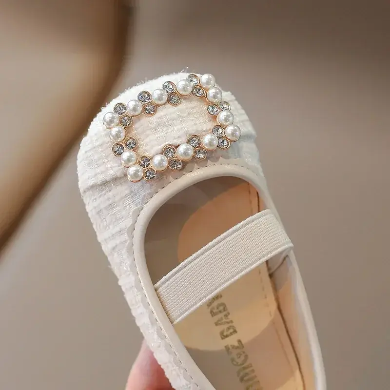 Children Leather Shoes for Girls 2025 Spring  New Fashion Elegant UK Style Soft Sole Princess Beading Sweet Party Single Shoes