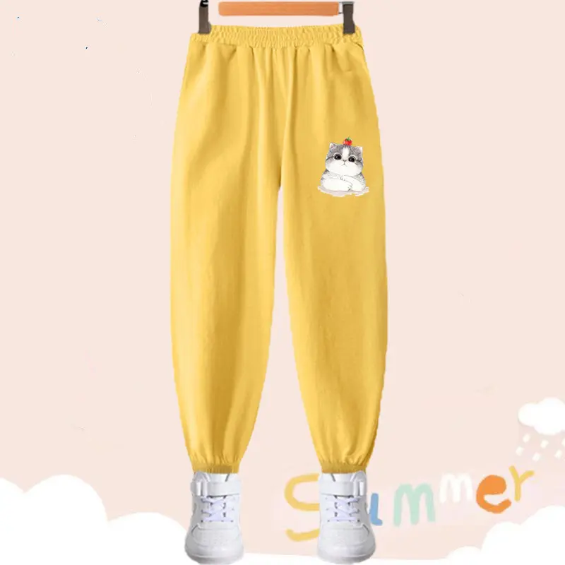 Children Cartoon Cat Print Anti-Mosquito Pants Summer Baby Bloomers Cotton Long Trousers Girls Breathable Air Conditioning Pant