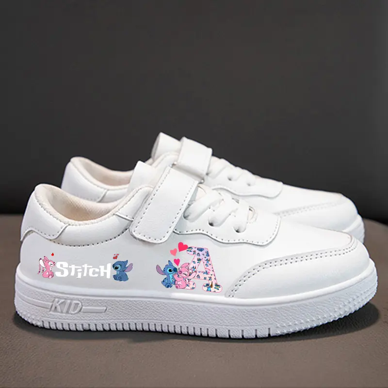 Lilo Stitch Children Sports Shoes Cartoon Letter A-Z  Boys Girl Sneakers Casual Board Shoes Leather Soft Soled White Shoes gift