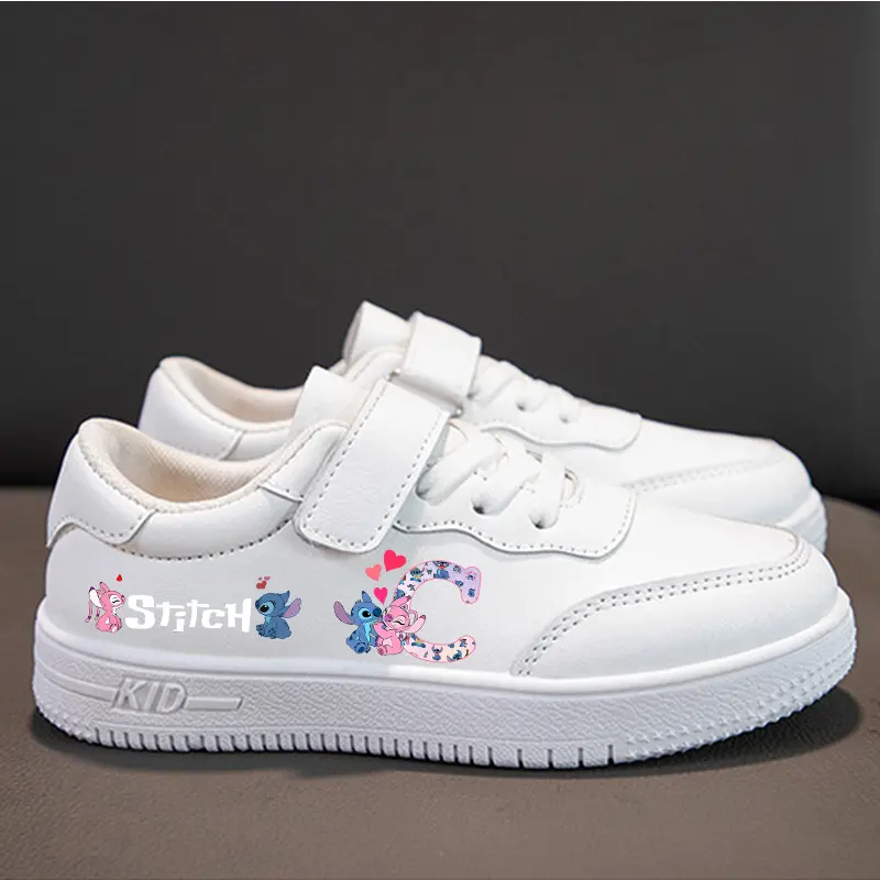 Lilo Stitch Children Sports Shoes Cartoon Letter A-Z  Boys Girl Sneakers Casual Board Shoes Leather Soft Soled White Shoes gift