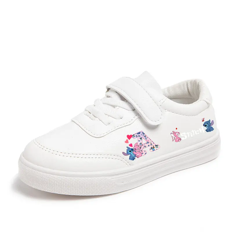Lilo Stitch Children Sports Shoes Cartoon Letter A-Z  Boys Girl Sneakers Casual Board Shoes Leather Soft Soled White Shoes gift