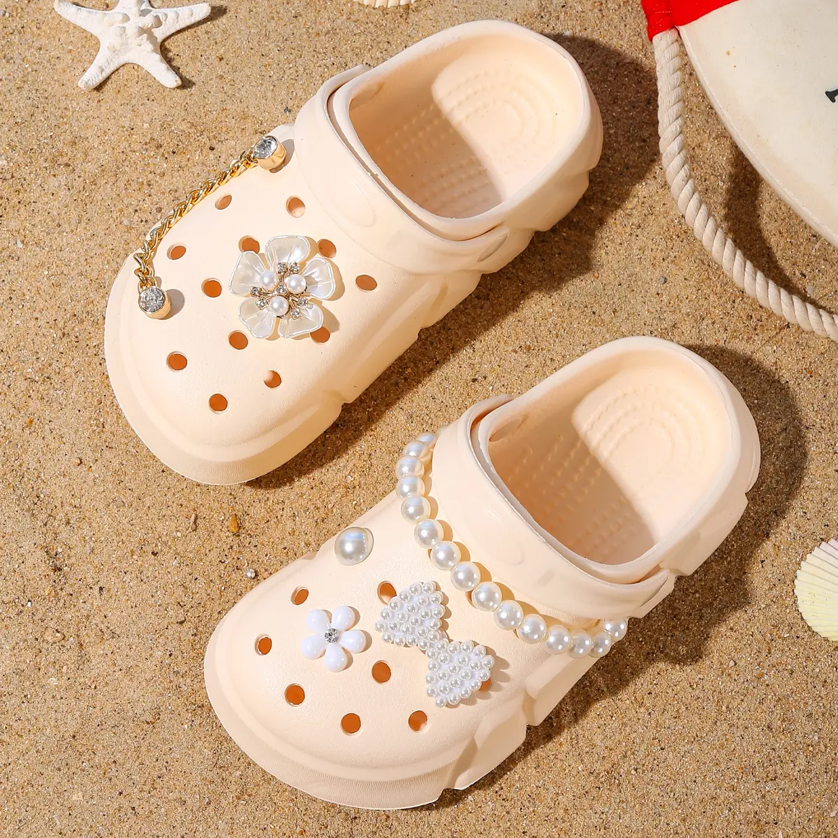 Girls Fashion Solid Color EVA Clogs - Breathable Non-slip Slip-On Sandals with Flower Chain and Pearl Design