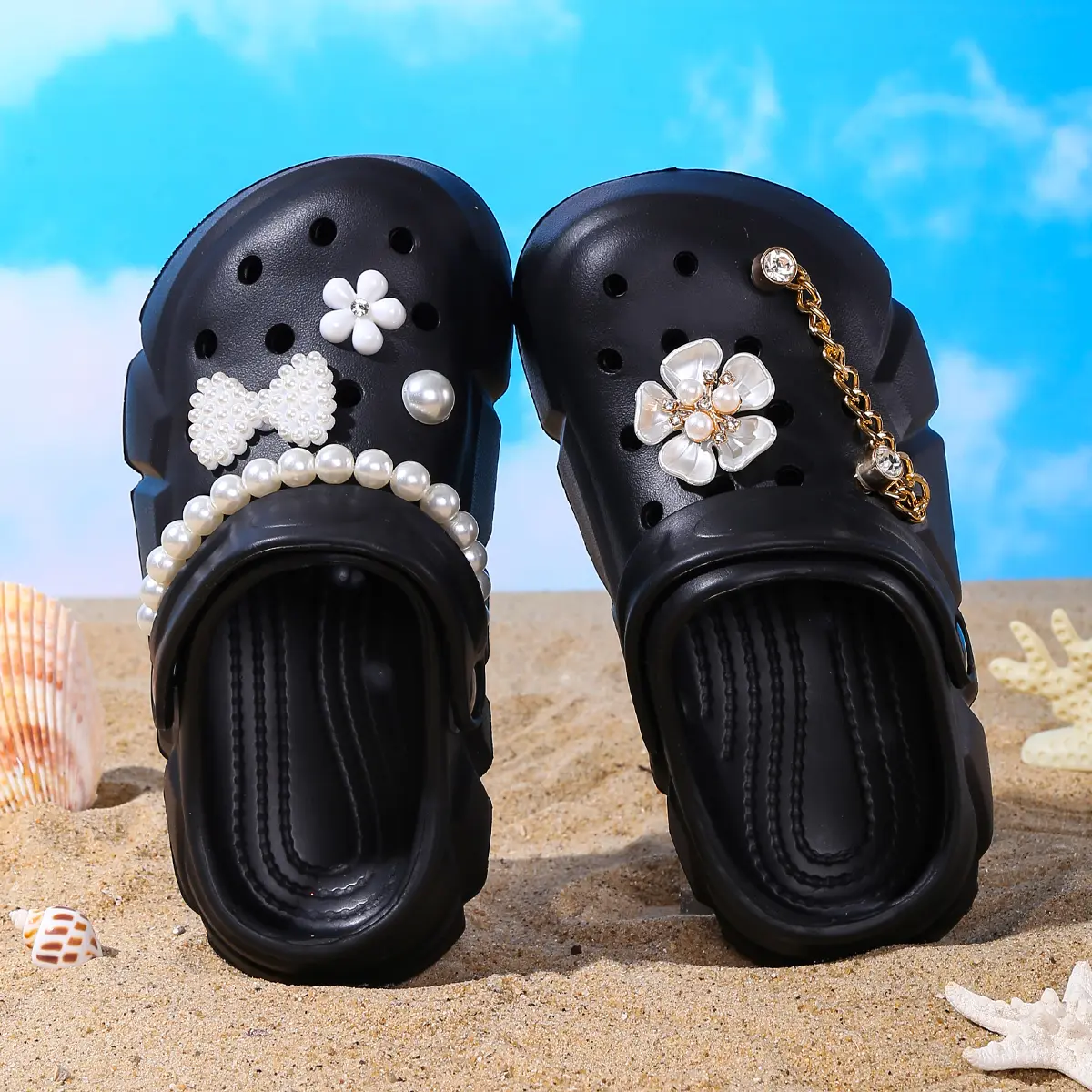 Girls Fashion Solid Color EVA Clogs - Breathable Non-slip Slip-On Sandals with Flower Chain and Pearl Design