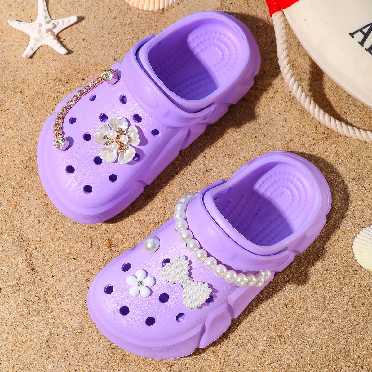 Girls Fashion Solid Color EVA Clogs - Breathable Non-slip Slip-On Sandals with Flower Chain and Pearl Design