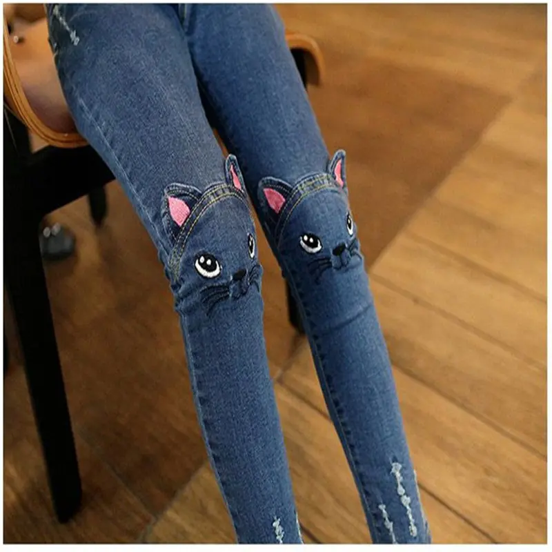 2020 Fashion Girl Jeans Cartoon Cat Jeans Print Blue Skinny Jeans Hole Pants Classic Chic Pants 3-11Y
