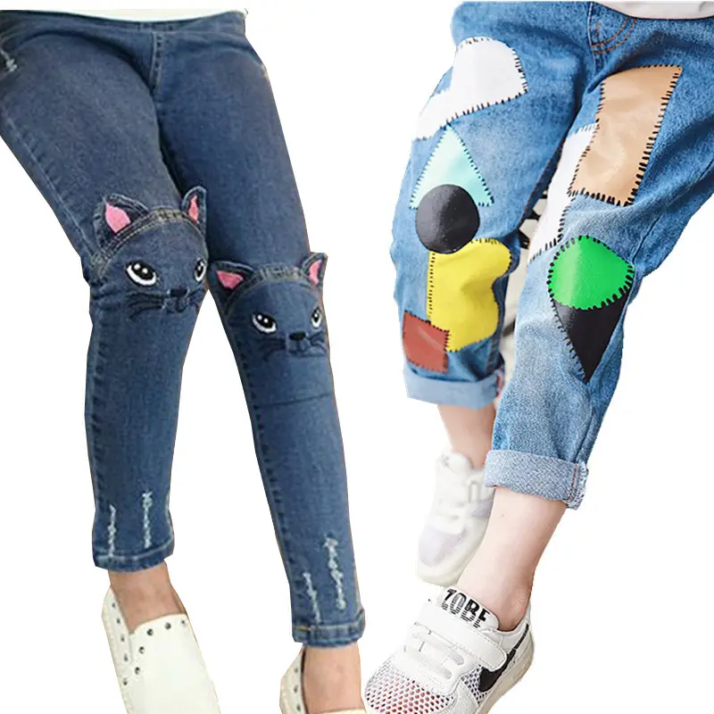 2020 Fashion Girl Jeans Cartoon Cat Jeans Print Blue Skinny Jeans Hole Pants Classic Chic Pants 3-11Y