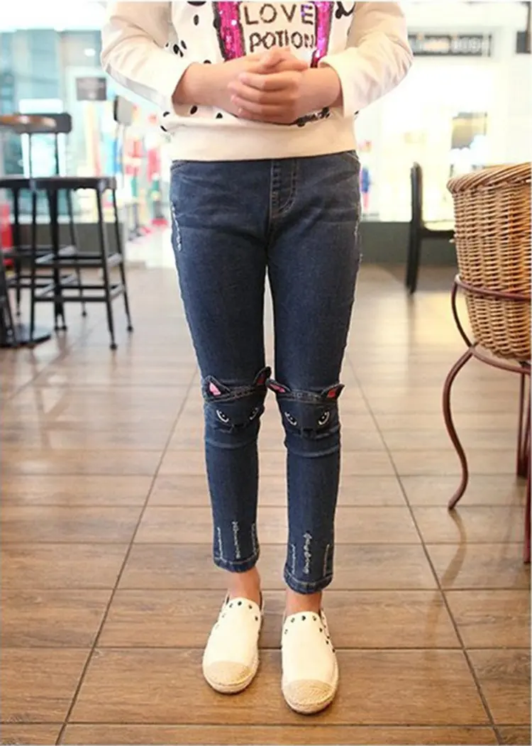 2020 Fashion Girl Jeans Cartoon Cat Jeans Print Blue Skinny Jeans Hole Pants Classic Chic Pants 3-11Y