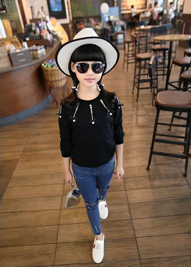 2020 Fashion Girl Jeans Cartoon Cat Jeans Print Blue Skinny Jeans Hole Pants Classic Chic Pants 3-11Y
