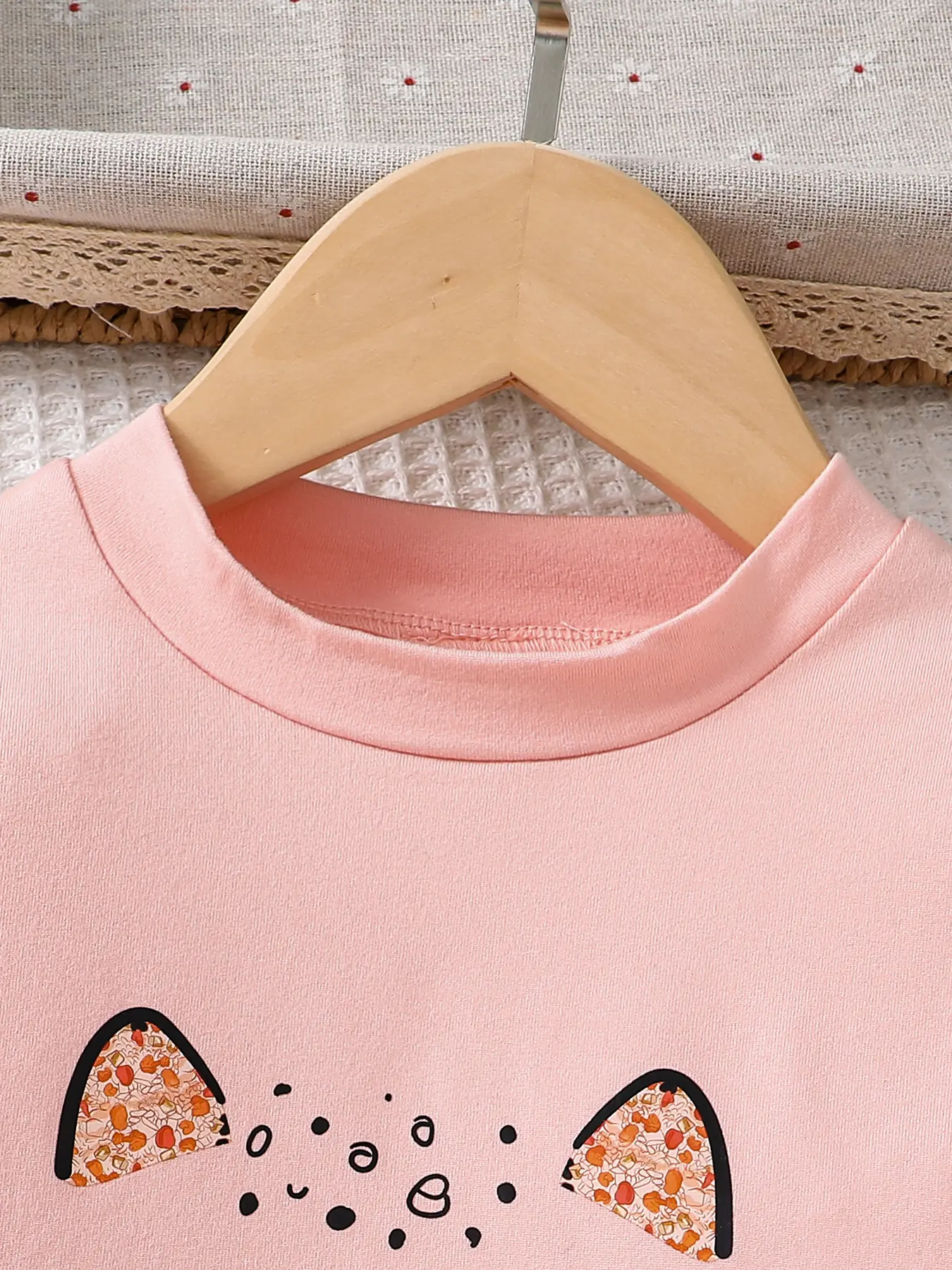 Spring and autumn girls fashion cute 2-piece set micro-elastic pink round neck cartoon long sleeve imitation denim slim pants cl