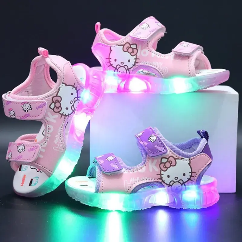 2025 Summer New Baby Girls Led Light Sandals Cute Hello Kitty Children's Casual Shoes Anti-slip Kids Beach Shoes Outdoor Shoes