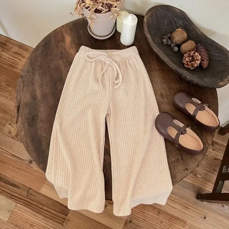 Spring Autumn Girls Solid Color Korean Casual Pants Fashion Children  Elastic Wide Leg Pant Simple Versatile Baby Trousers 1-10Y