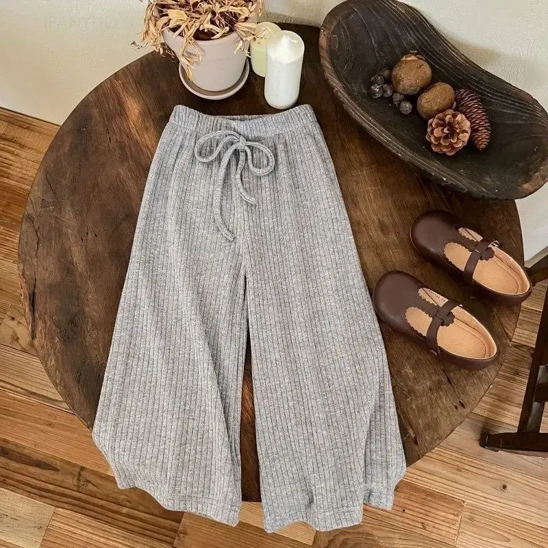 Spring Autumn Girls Solid Color Korean Casual Pants Fashion Children  Elastic Wide Leg Pant Simple Versatile Baby Trousers 1-10Y