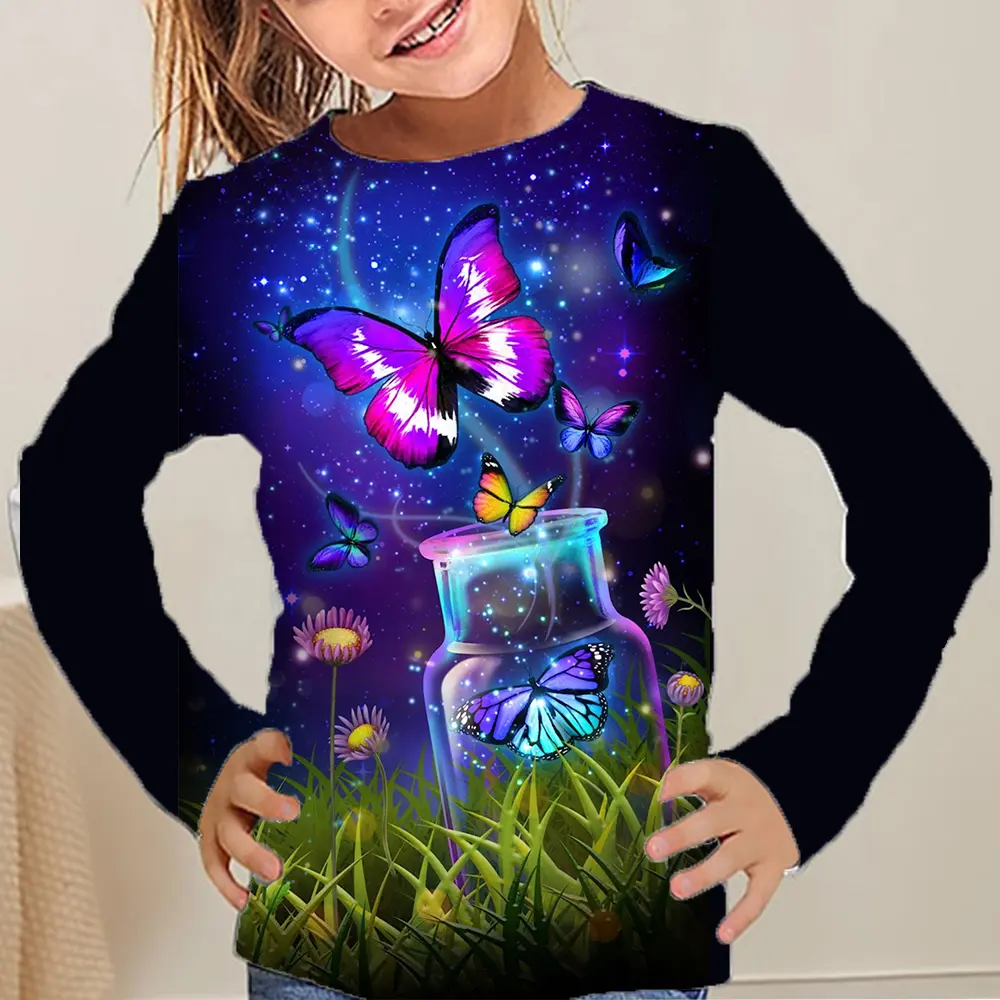 Children's Clothing Cute Butterfly Print Girl Clothes Autumn Long Sleeve T Shirt 2024 Kids Clothes Polyester Tops Child T-Shirt