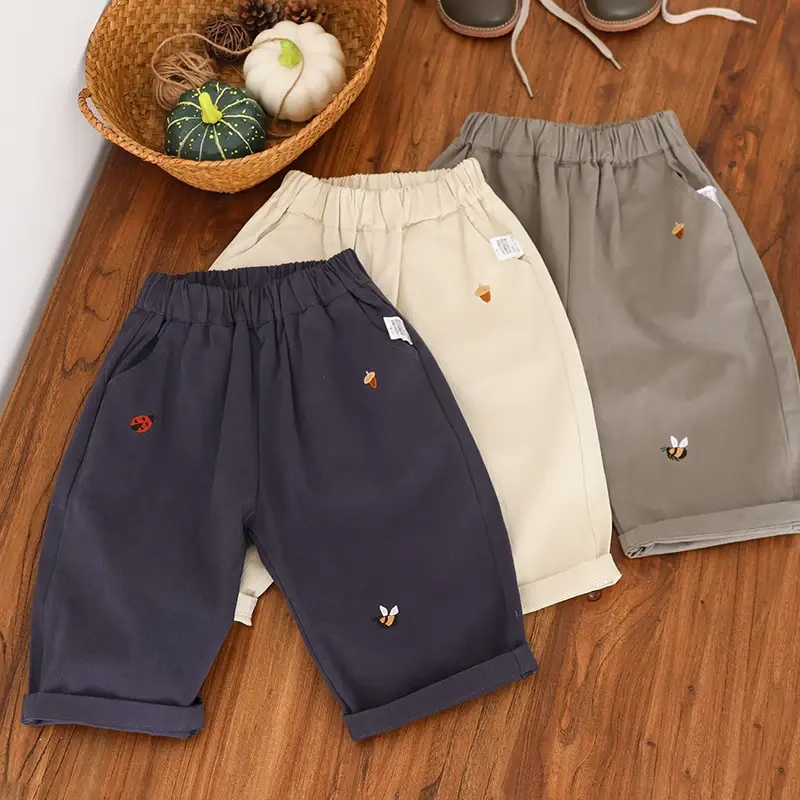 Baby Children's Casual Pants 1-5Y Spring 2025 New Boys' Solid Color Trousers Girls Cartoon Embroidery Outdoor Pants