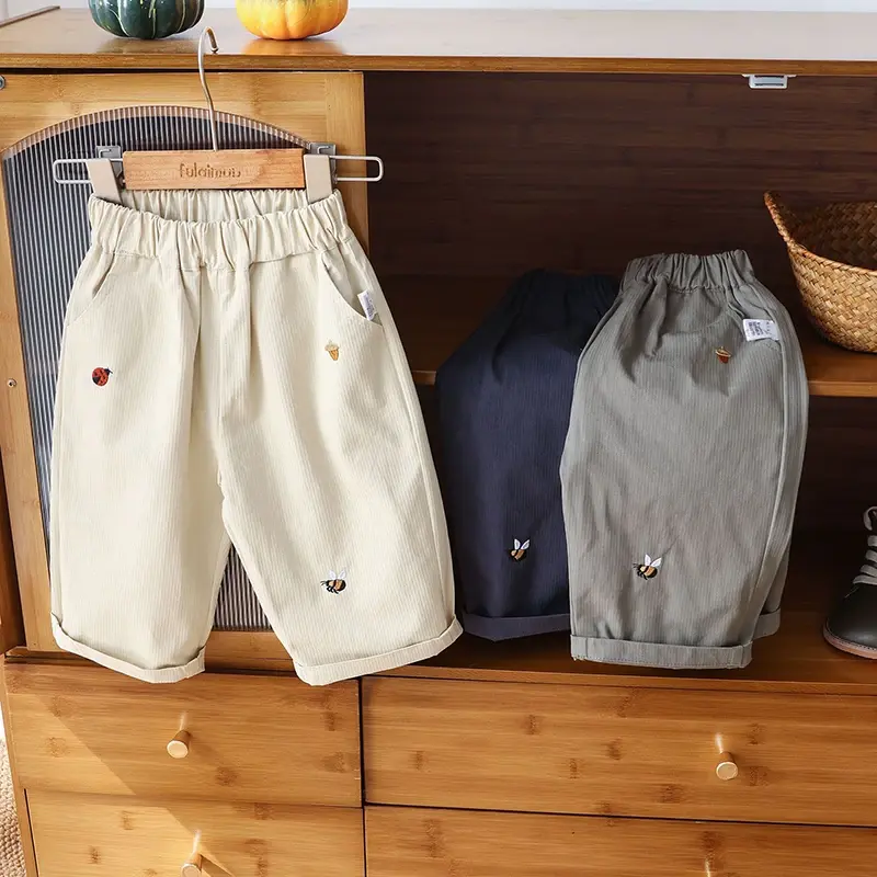 Baby Children's Casual Pants 1-5Y Spring 2025 New Boys' Solid Color Trousers Girls Cartoon Embroidery Outdoor Pants