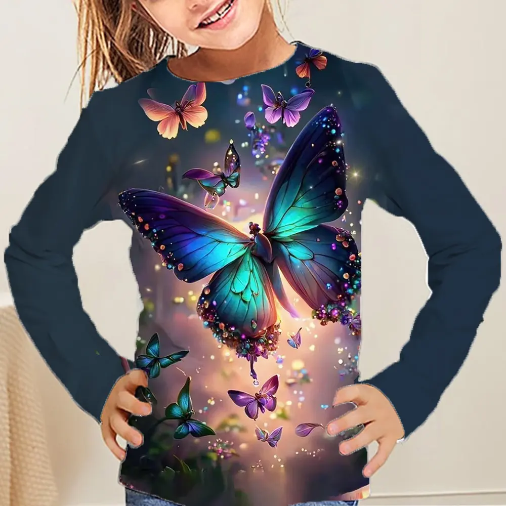 Children's Clothing Cute Butterfly Print Girl Clothes Autumn Long Sleeve T Shirt 2024 Kids Clothes Polyester Tops Child T-Shirt