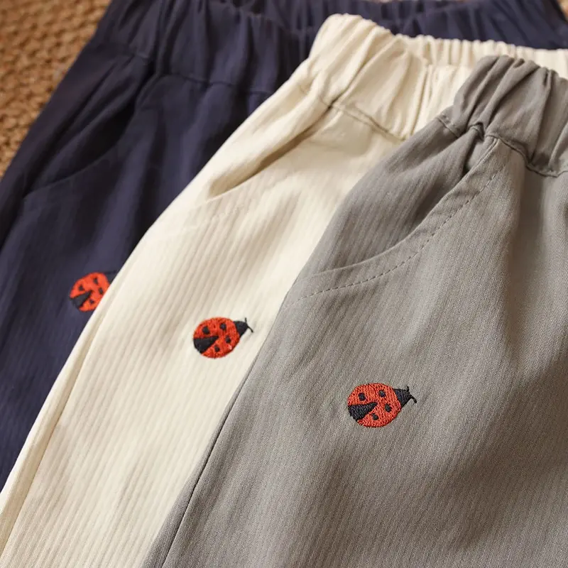 Baby Children's Casual Pants 1-5Y Spring 2025 New Boys' Solid Color Trousers Girls Cartoon Embroidery Outdoor Pants