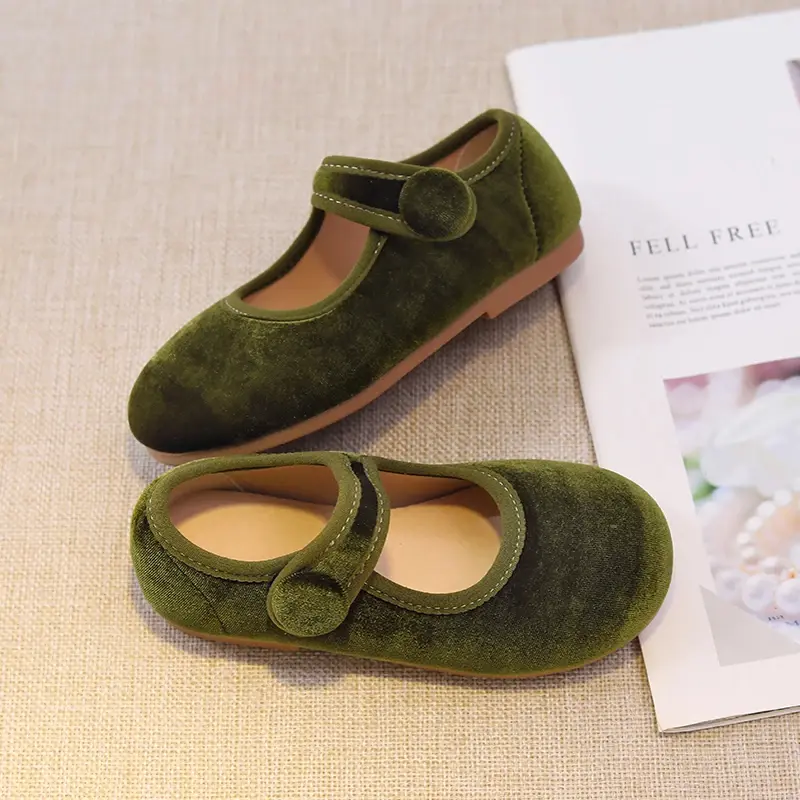 Cute Peach Pink Velvet Shoes Girls Vintage Green Velour Ballet Flats Baby Kids Spring New Soft Sole Luxury Mary Janes